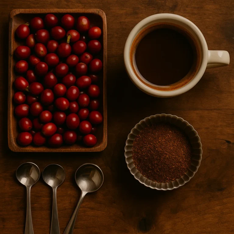Taza de café filtrado junto a cerezas frescas, café molido y cucharas de cata sobre mesa de madera.