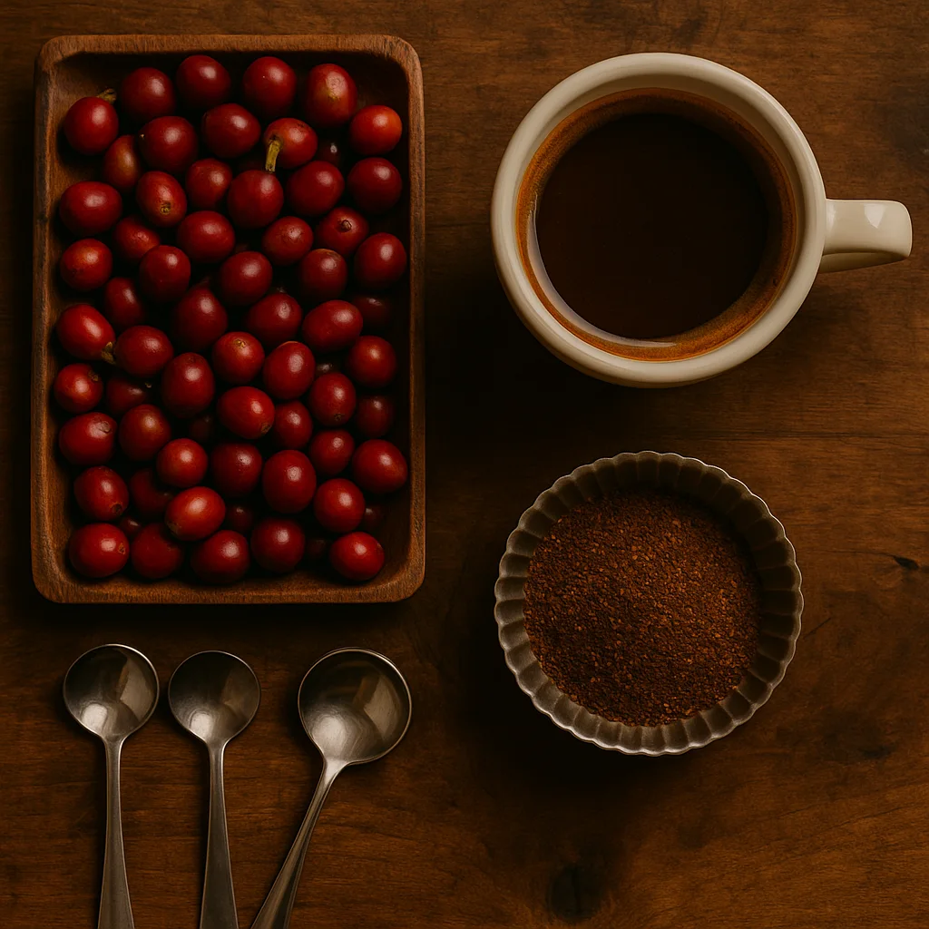 Taza de café filtrado junto a cerezas frescas, café molido y cucharas de cata sobre mesa de madera.