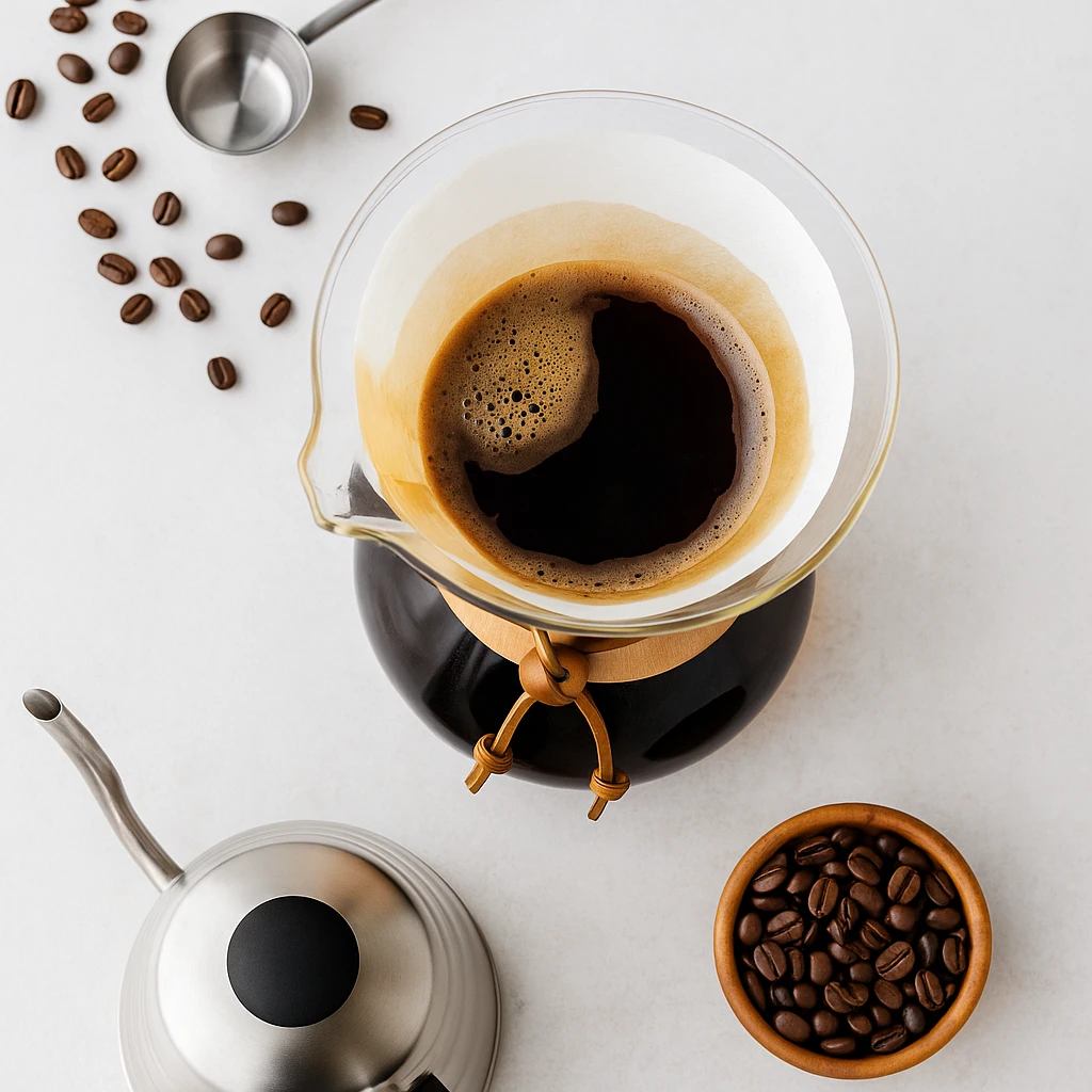 Café de especialidad servido en una Chemex sobre superficie clara, acompañado de granos tostados, cuchara medidora y tetera de cuello de cisne.