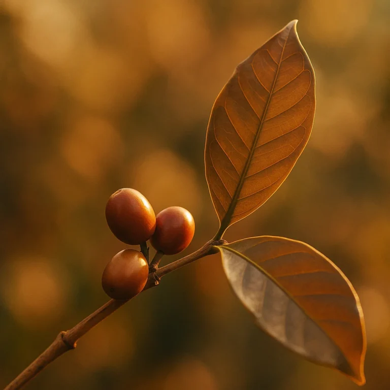 "Rama de cafeto con cerezas maduras y hojas en primer plano, iluminadas por una cálida luz dorada al atardecer"