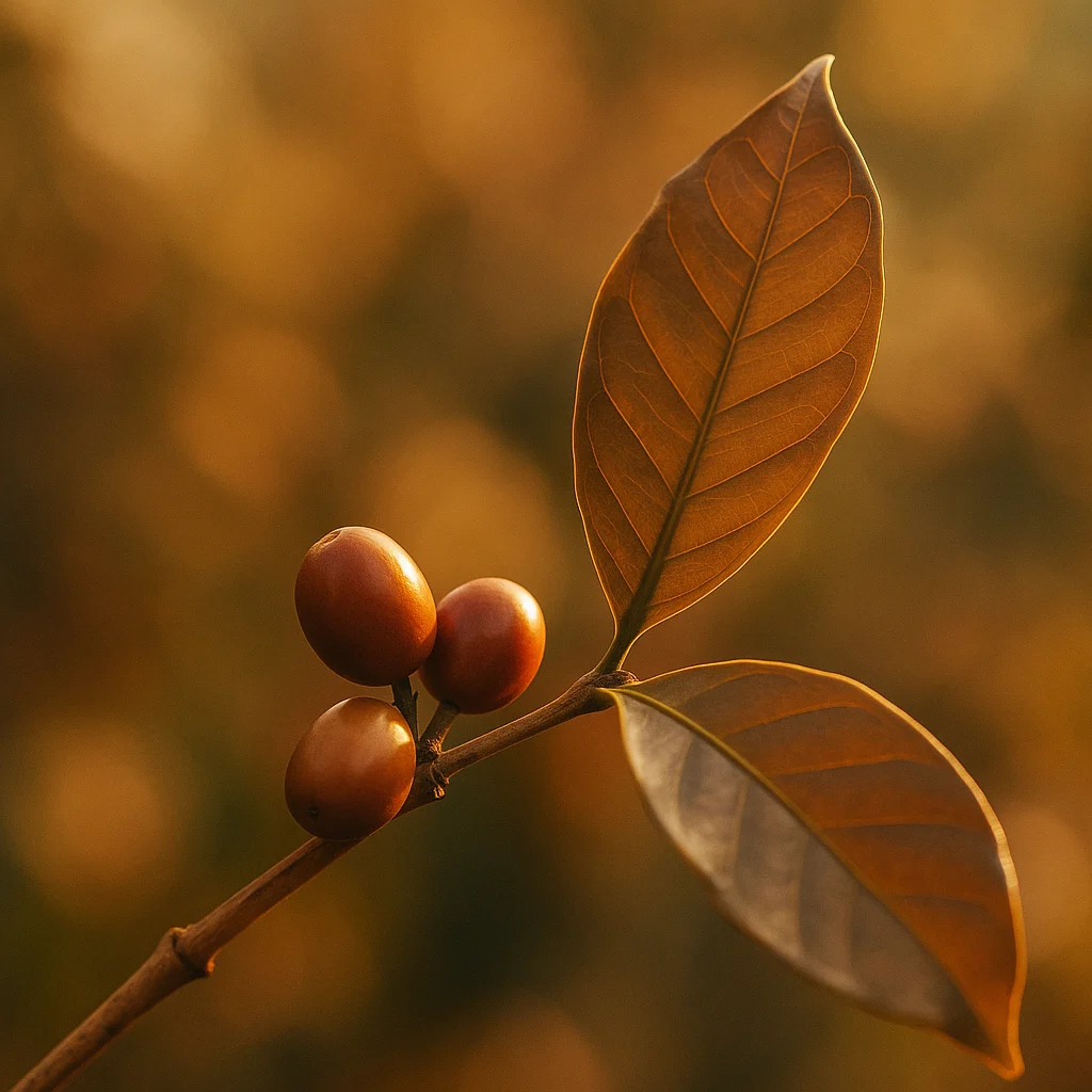 "Rama de cafeto con cerezas maduras y hojas en primer plano, iluminadas por una cálida luz dorada al atardecer"