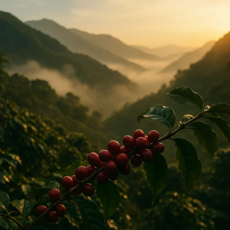 Detalle de cerezas de café rojo en rama, con plantación montañosa cubierta de neblina al amanecer a 1 900 m de altitud.
