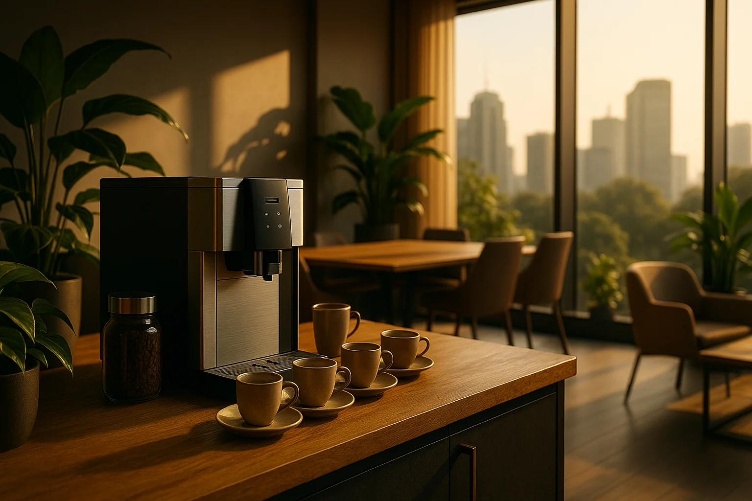 Cafetera automática con tazas de café en oficina moderna y luminosa al atardecer, con plantas y mobiliario elegante