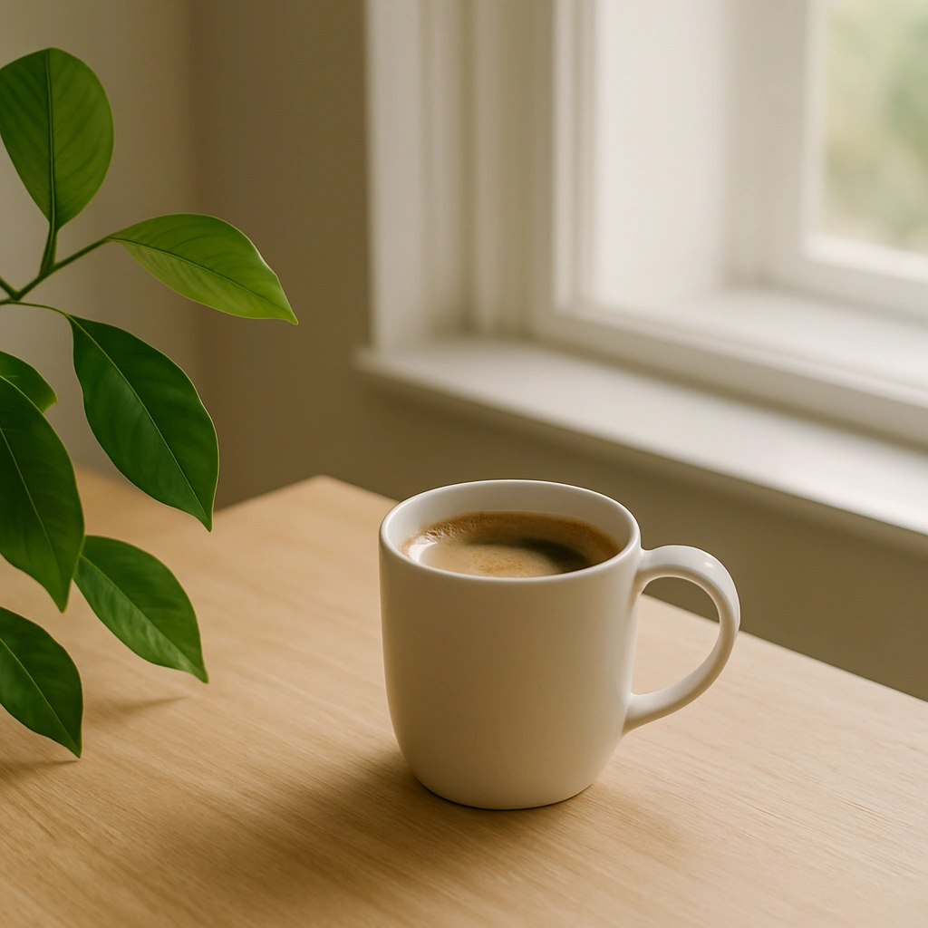Taza de café sobre mesa de madera clara junto a una planta verde con luz natural