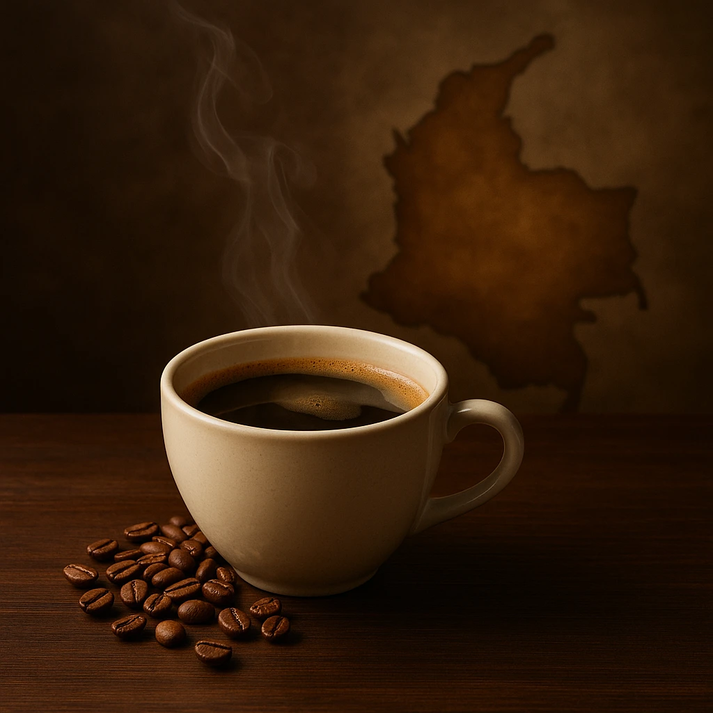 Taza de café de origen colombiano sobre mesa de madera, con granos tostados y mapa de Colombia en el fondo, símbolo de calidad y tradición.