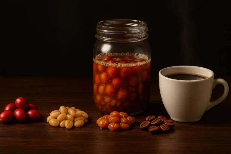 Fermentación del café: granos en proceso húmedo, natural y honey, junto a una taza de café de especialidad Quindaya