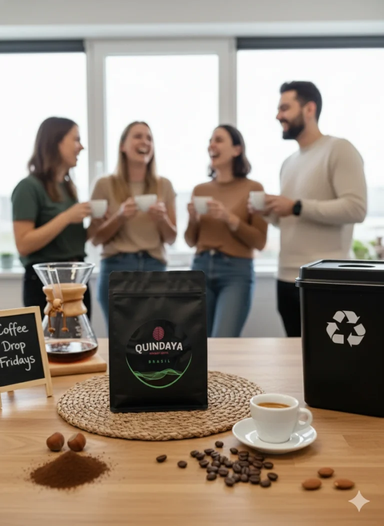 Café en oficinas de Quindaya: equipo conversando con tazas; Chemex y contenedor de reciclaje junto a paquete y taza de espresso.