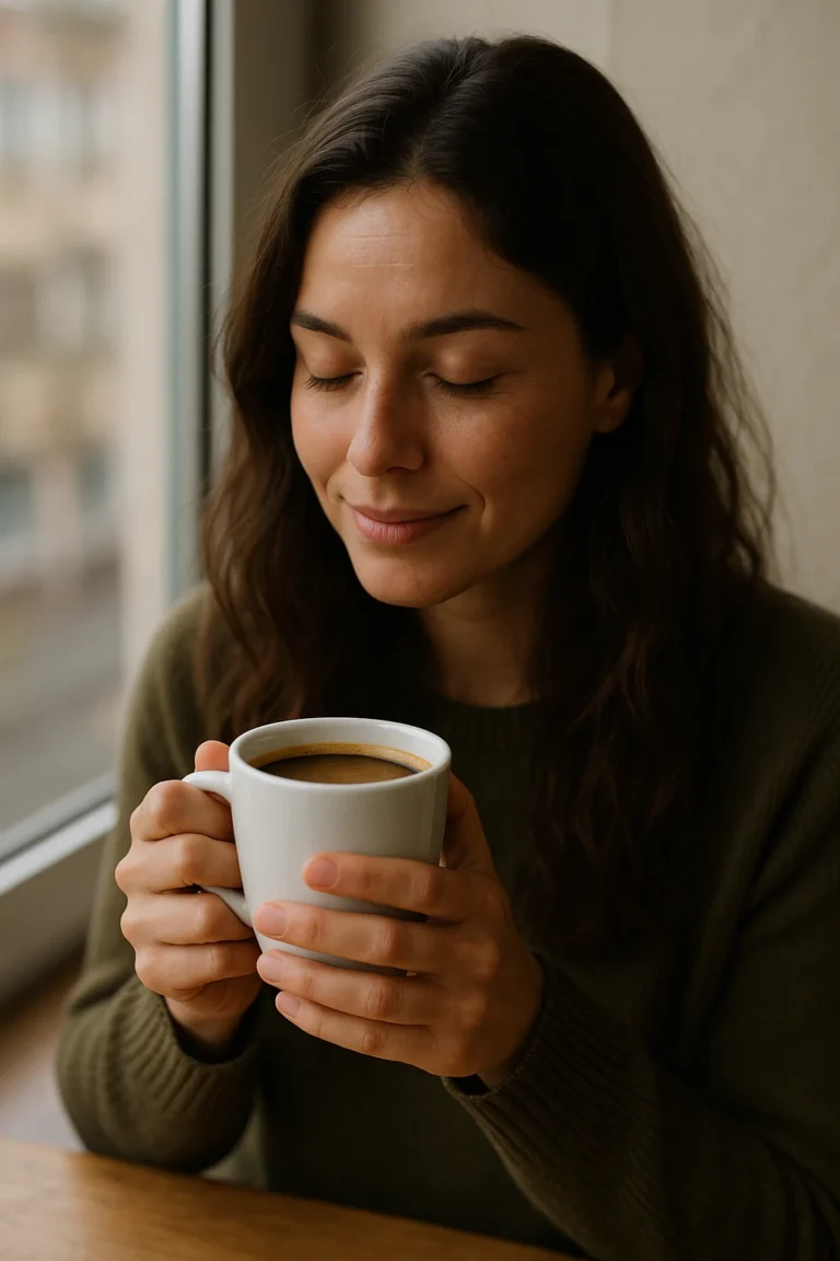Mujer disfrutando de una taza de café junto a una ventana, con expresión serena y luz natural suave, representando calma y bienestar emocional.