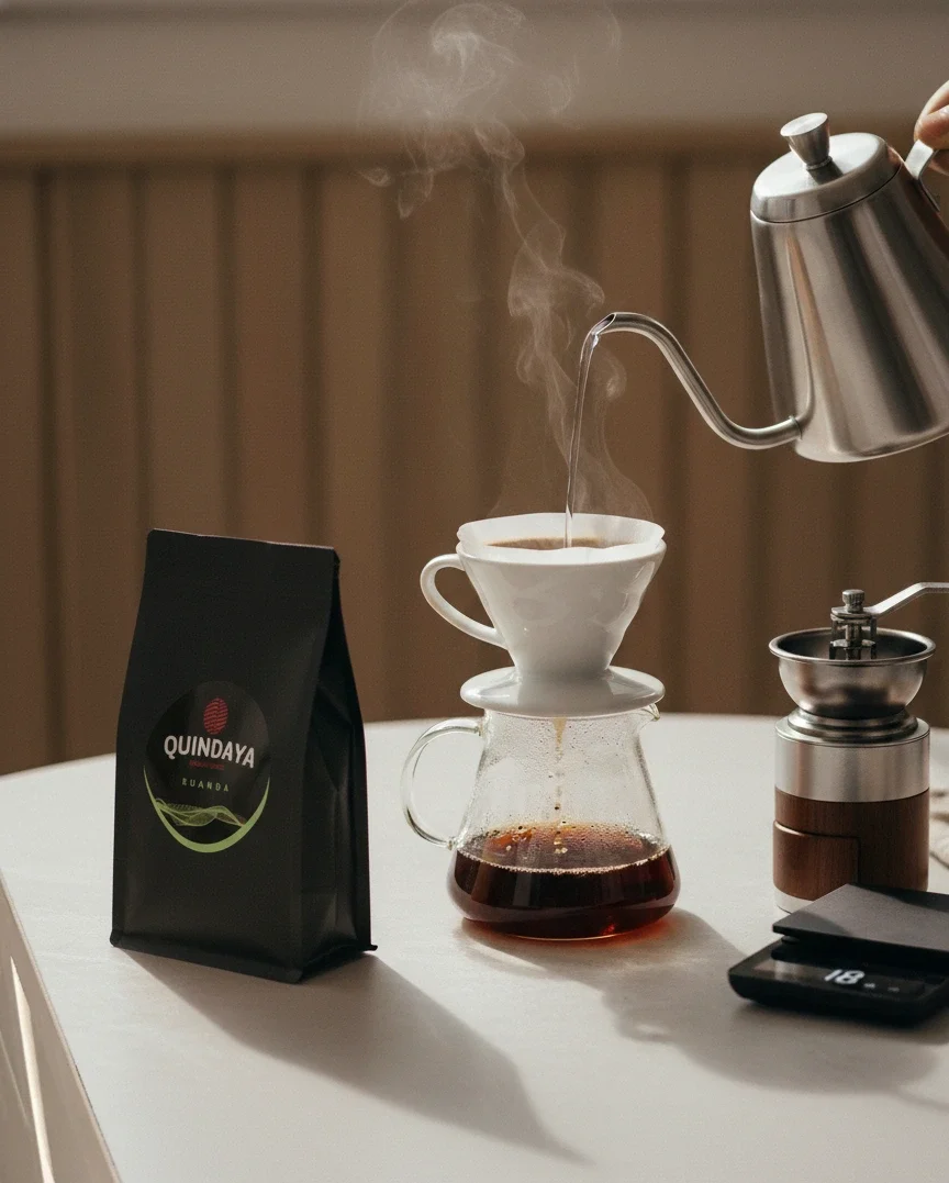 Cómo tomar café de especialidad en casa: V60, tetera cuello de cisne, molienda fresca y balanza en un ritual consciente.