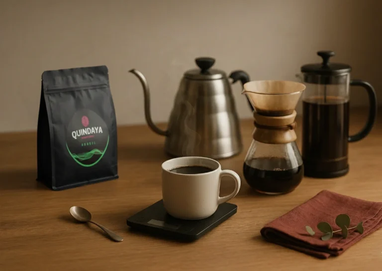 Un paquete negro de café Quindaya Brasil, una taza de café, una cafetera de goteo Chemex, una prensa francesa, una tetera de cuello de cisne y una cuchara en una mesa de madera clara.