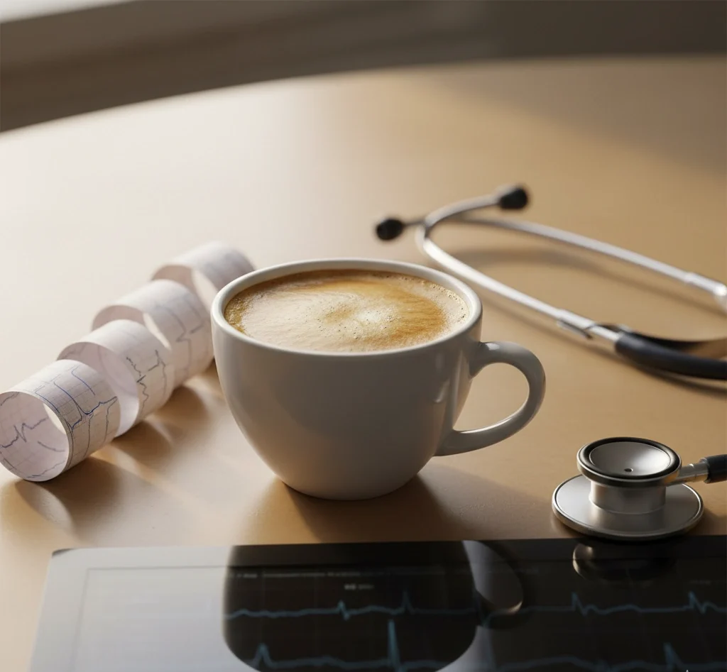 Café y fibrilación auricular: taza de café con estetoscopio y trazado cardíaco.