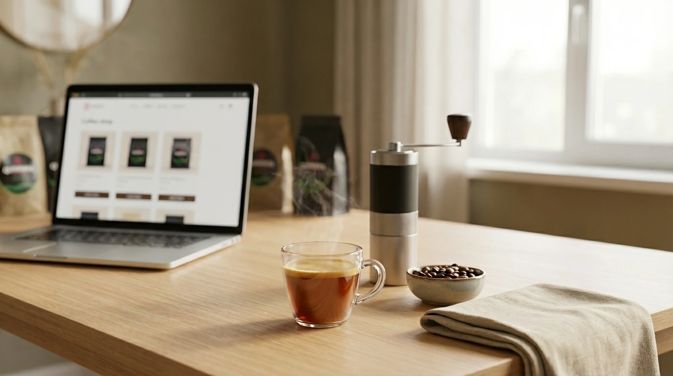 taza de café de especialidad junto a portátil con tienda online y molinillo manual sobre mesa de madera