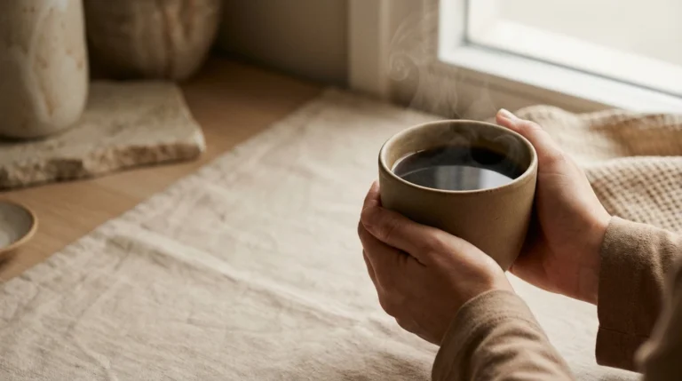 Taza de café de especialidad recién preparado sostenida entre las manos en un ambiente cálido y minimalista, con luz natural suave y vapor sutil, evocando un ritual de bienestar, salud y autocuidado.