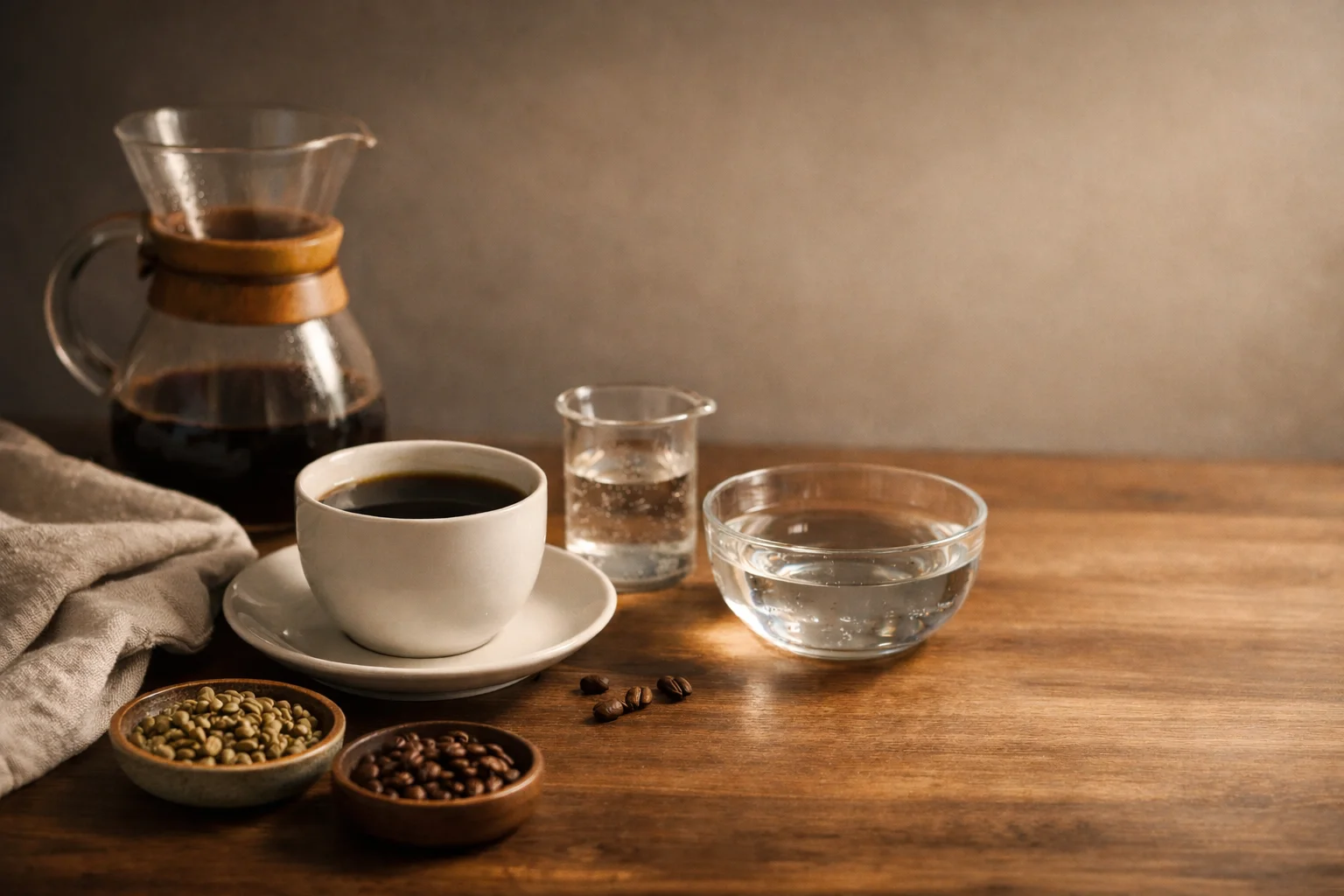 Café filtrado servido en taza blanca junto a granos verdes, tostados y vasos de agua sobre mesa de madera.