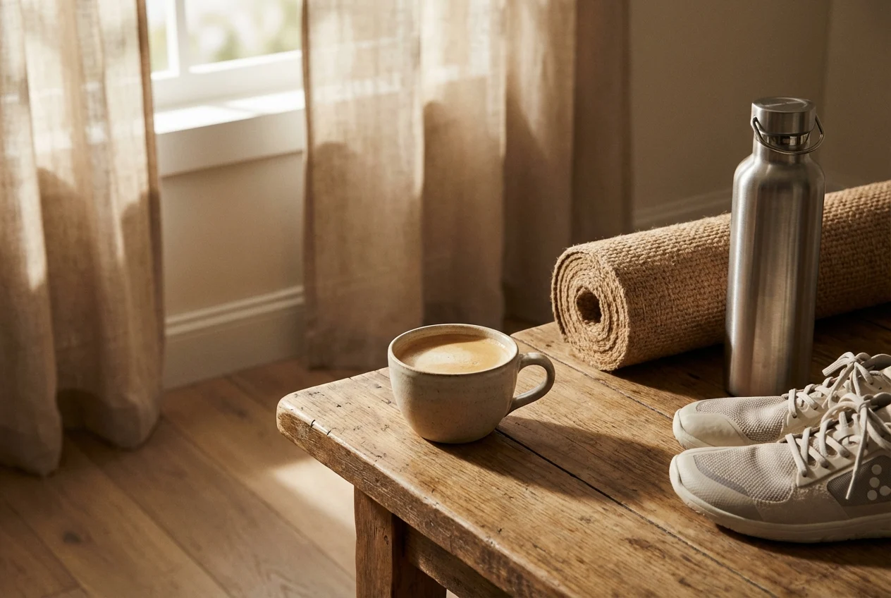 Taza de café sobre mesa de madera junto a una esterilla de yoga, botella de acero inoxidable y zapatillas deportivas en un ambiente cálido y natural.