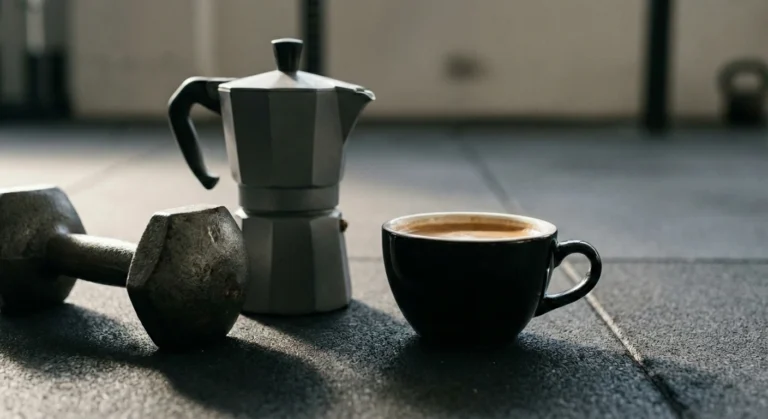 Taza negra de café de especialidad junto a una cafetera Moka y una pesa sobre suelo de gimnasio