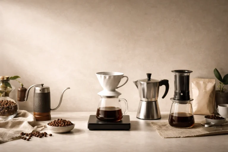 Métodos de preparación de café en mesa: V60 sobre jarra, moka italiana, AeroPress y hervidor de cuello de cisne, con granos alrededor.