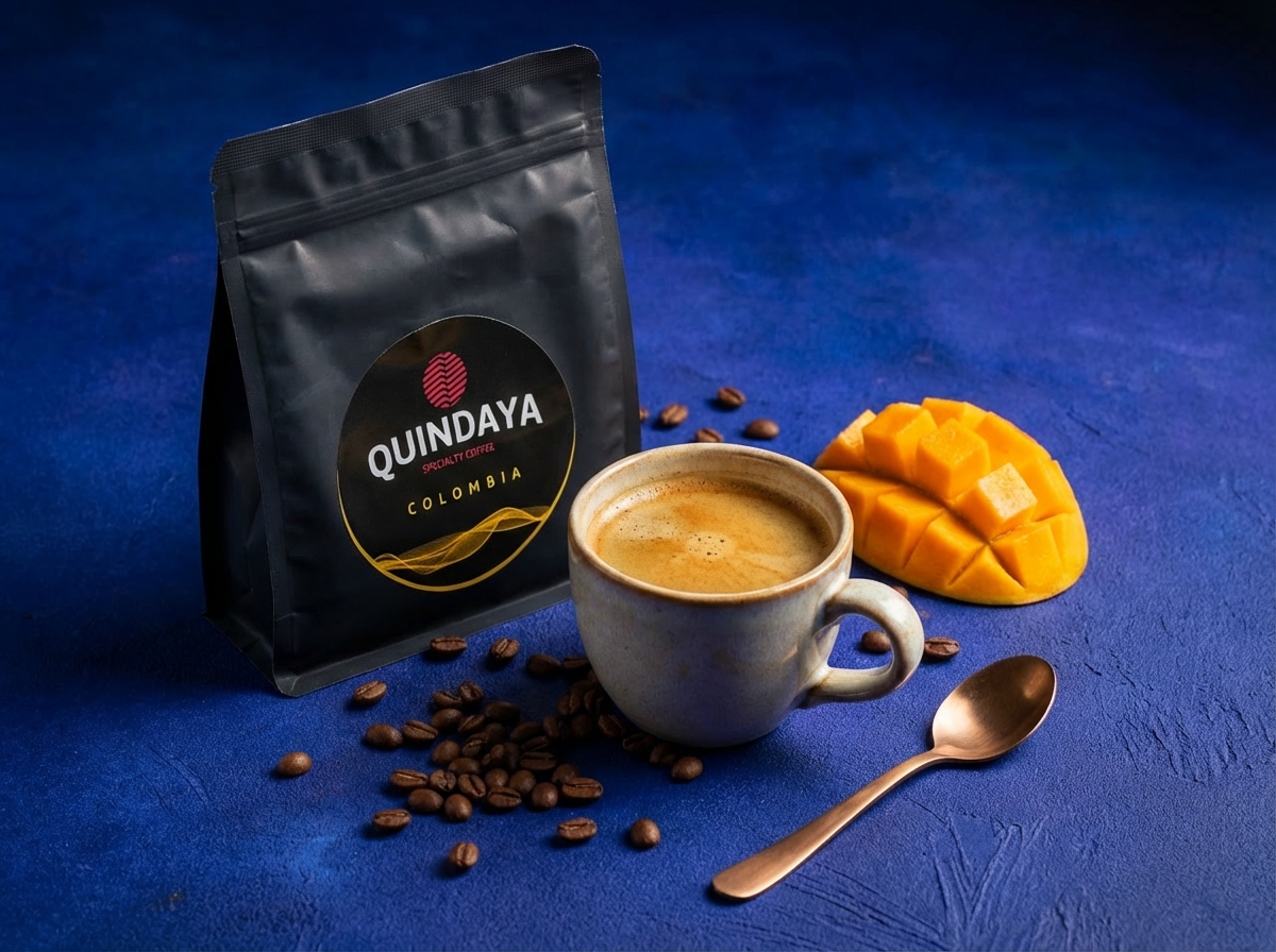 Taza de café de especialidad junto a un paquete de Quindaya, con mango y flor tropical sobre fondo rojo intenso