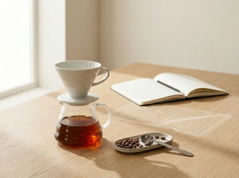 V60 de porcelana sobre jarra de vidrio con café filtrado, granos y cuchara medidora en bandeja, junto a cuaderno abierto sobre mesa de madera con luz natural suave.