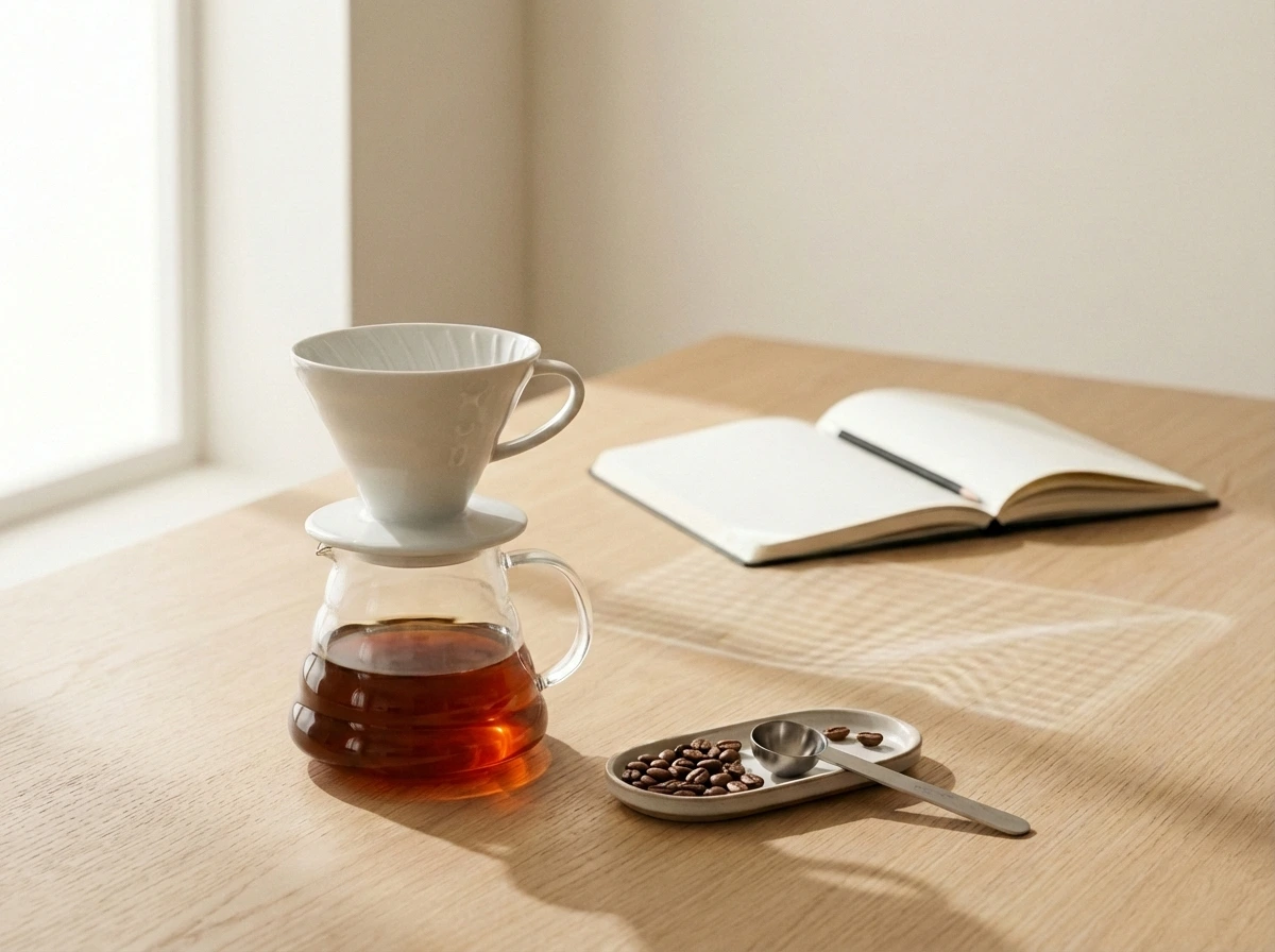 V60 de porcelana sobre jarra de vidrio con café filtrado, granos y cuchara medidora en bandeja, junto a cuaderno abierto sobre mesa de madera con luz natural suave.