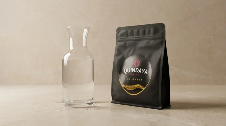 Paquete de café Quindaya Colombia junto a una jarra de agua sobre fondo beige