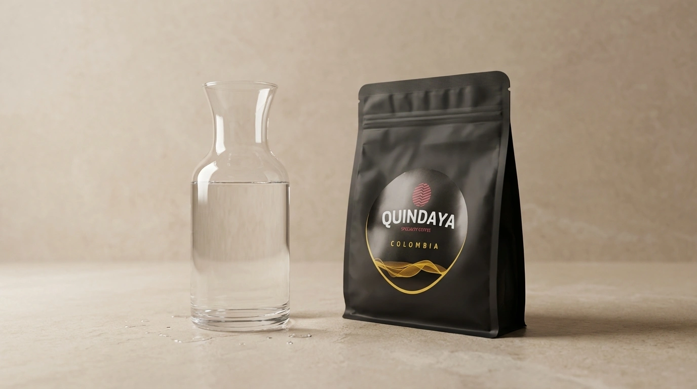 Paquete de café Quindaya Colombia junto a una jarra de agua sobre fondo beige