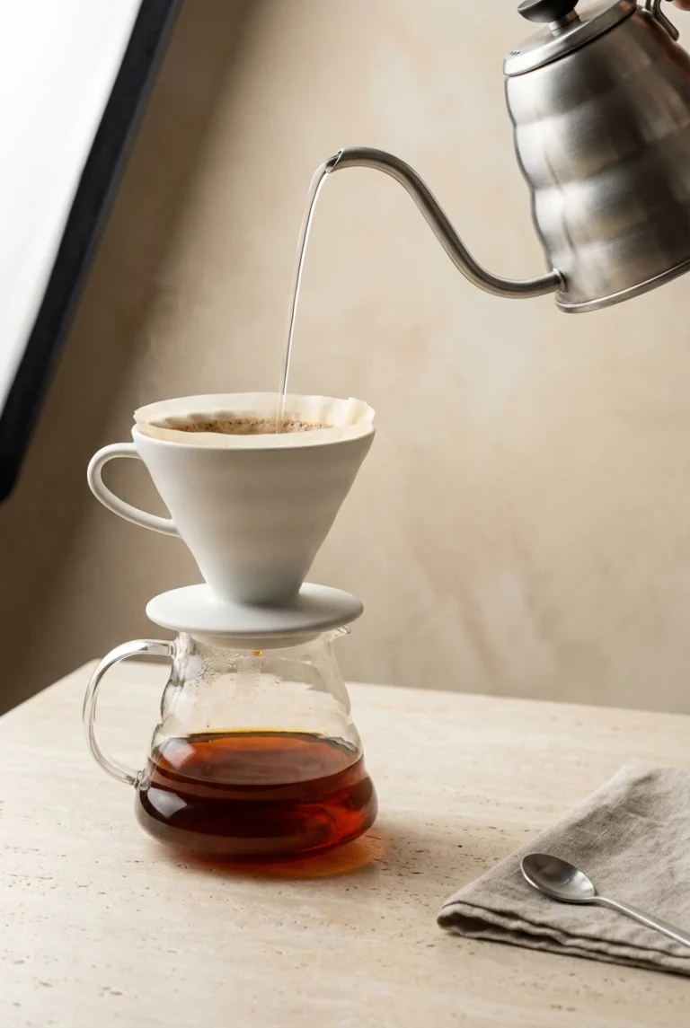 Vertido de agua con kettle de cuello de cisne sobre una cafetera V60 de cerámica blanca, filtrando café en una jarra de vidrio.