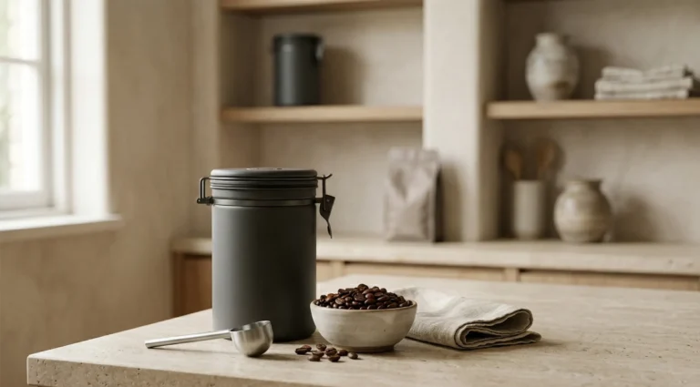 Contenedor hermético opaco con granos de café y accesorios sobre una superficie de madera oscura, en una escena cálida y elegante que representa cómo conservar el café en casa.