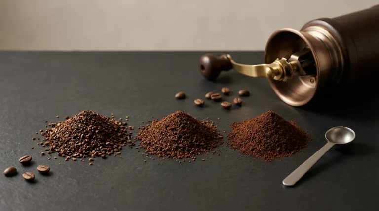Tres montones de café molido con distintos grosores junto a un molino manual, mostrando cómo la molienda influye en el sabor del café.