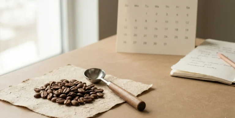 Granos de café tostado sobre una superficie cálida con libreta y elementos de cata en una escena editorial minimalista.
