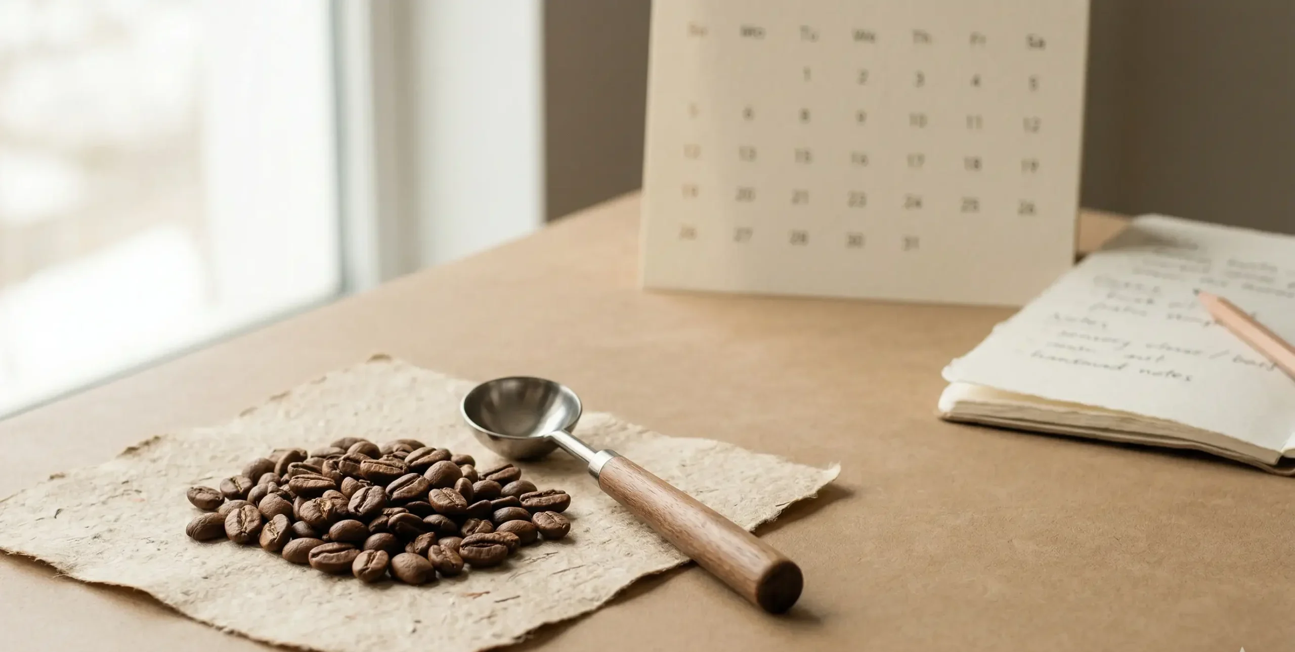 Granos de café tostado sobre una superficie cálida con libreta y elementos de cata en una escena editorial minimalista.