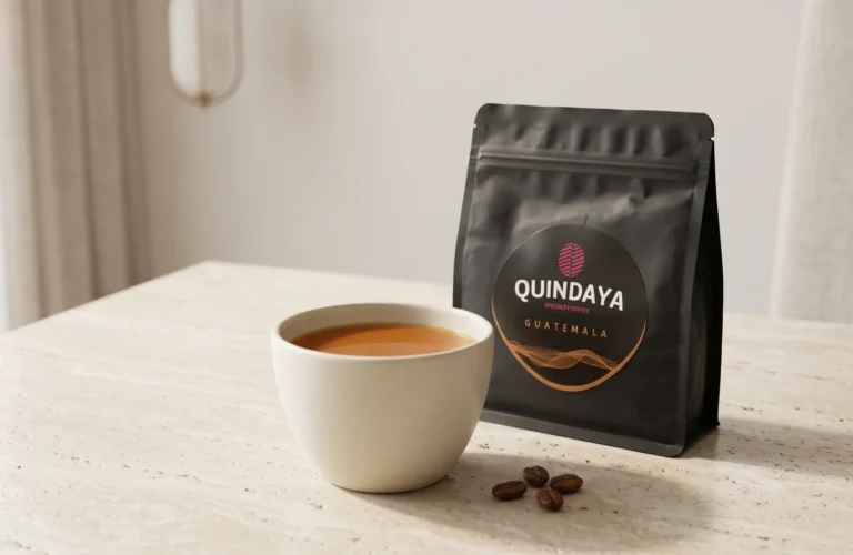 Portada editorial de café de especialidad Quindaya con una taza de café y el paquete de la marca en una composición minimalista y elegante.