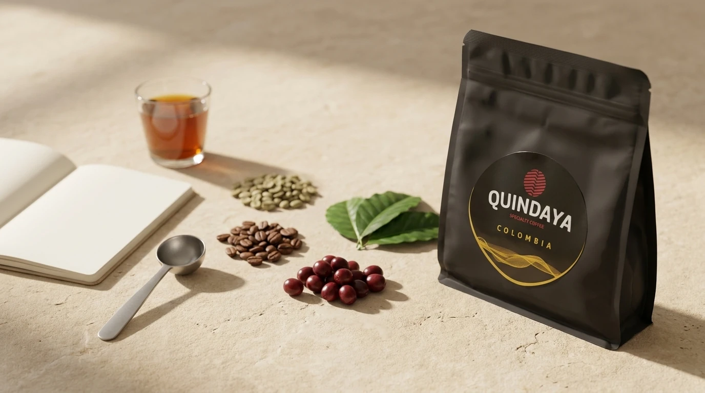 Paquete de café Quindaya junto a granos, cerezas y hojas de cafeto que representan distintas variedades de café de especialidad.